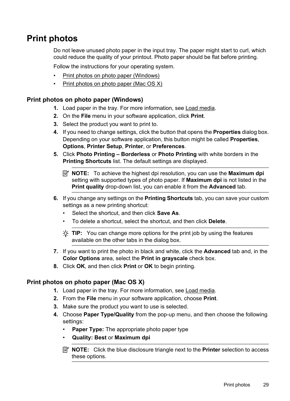 Print photos, Print photos on photo paper (windows), Print photos on photo paper (mac os x) | HP OFFICEJET 4500 User Manual | Page 33 / 228