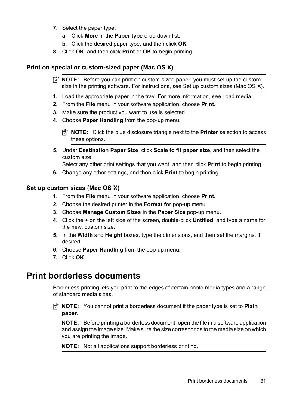 Print on special or custom-sized paper (mac os x), Print borderless documents | HP OFFICEJET 4500 User Manual | Page 35 / 228