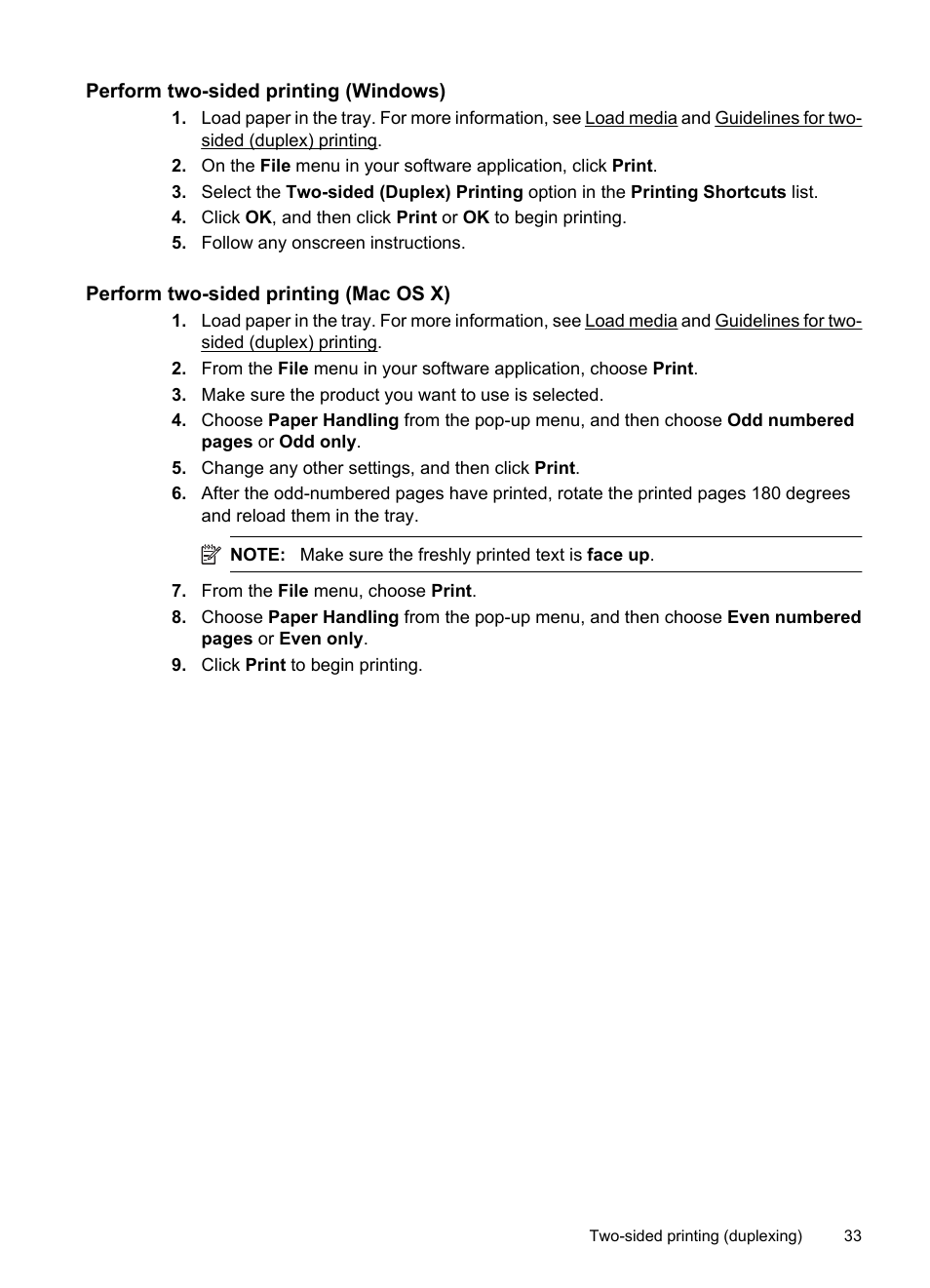 Perform two-sided printing (windows), Perform two-sided printing (mac os x) | HP OFFICEJET 4500 User Manual | Page 37 / 228