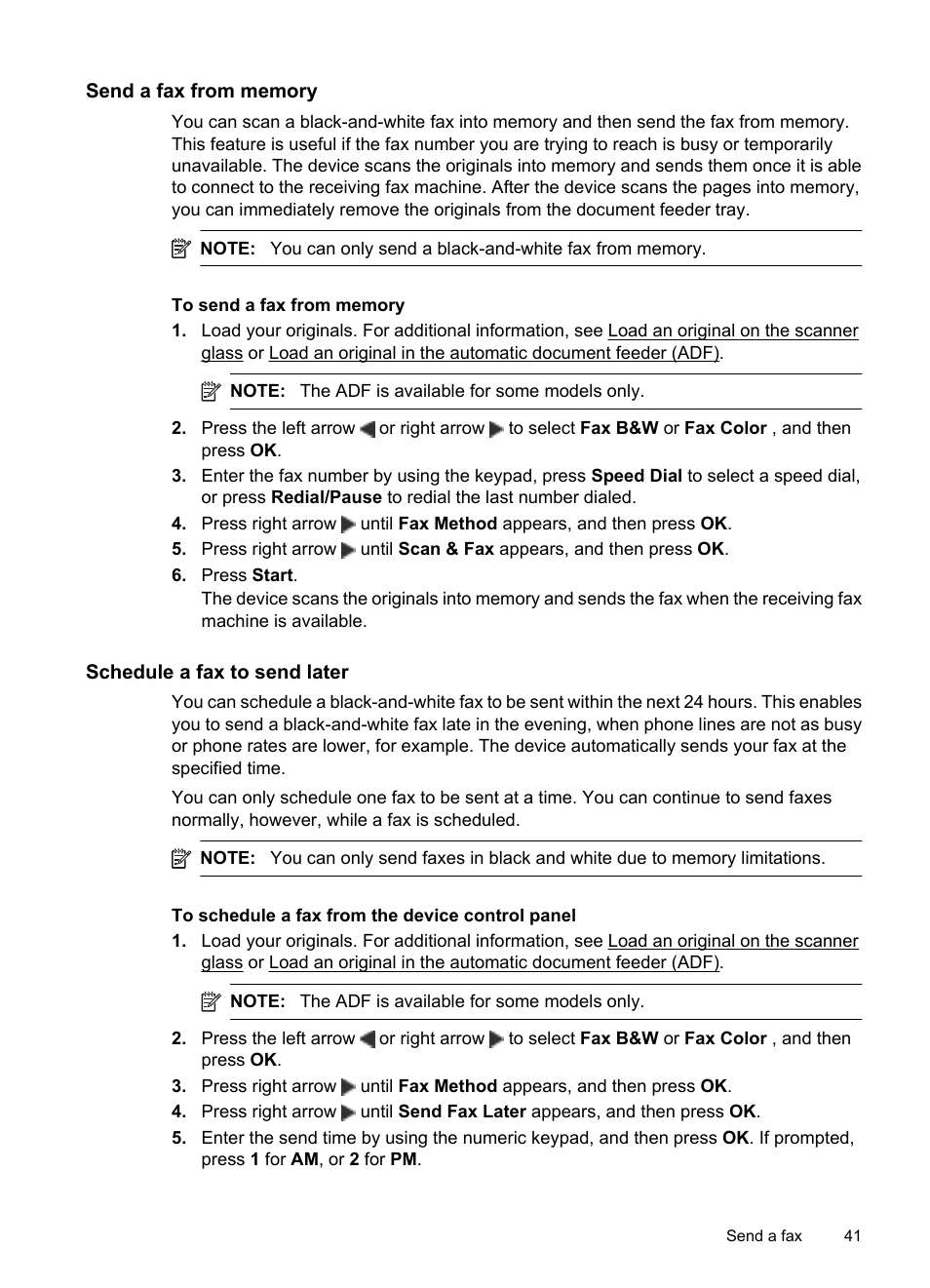 Send a fax from memory, Schedule a fax to send later | HP OFFICEJET 4500 User Manual | Page 45 / 228