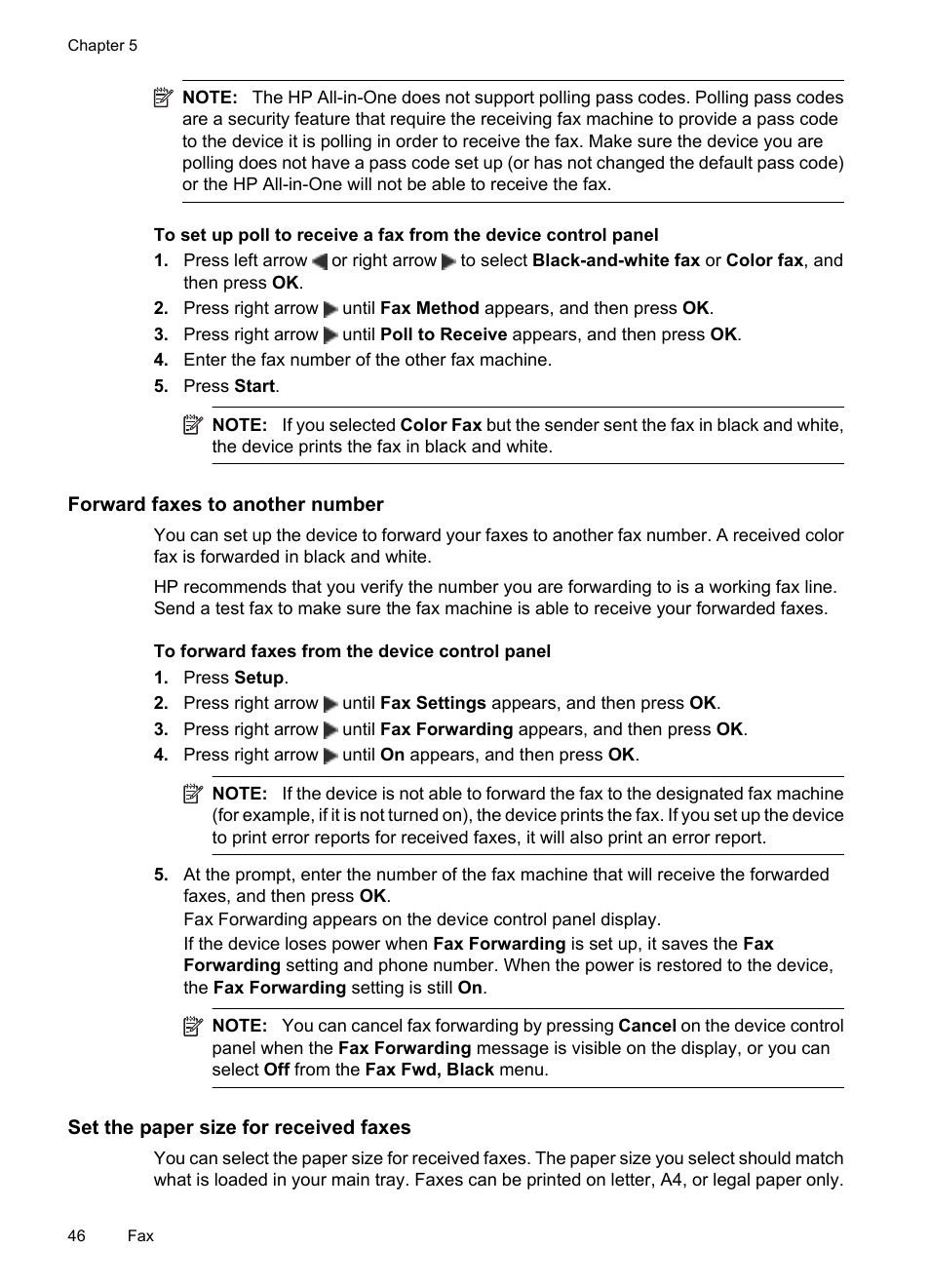 Forward faxes to another number, Set the paper size for received faxes | HP OFFICEJET 4500 User Manual | Page 50 / 228