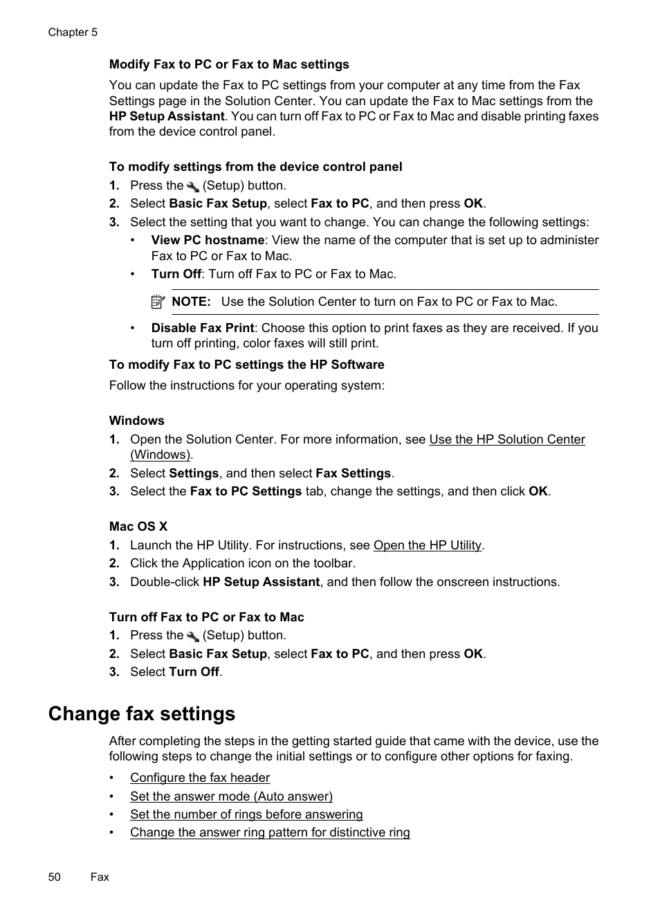 Modify fax to pc or fax to mac settings, Turn off fax to pc or fax to mac, Change fax settings | HP OFFICEJET 4500 User Manual | Page 54 / 228