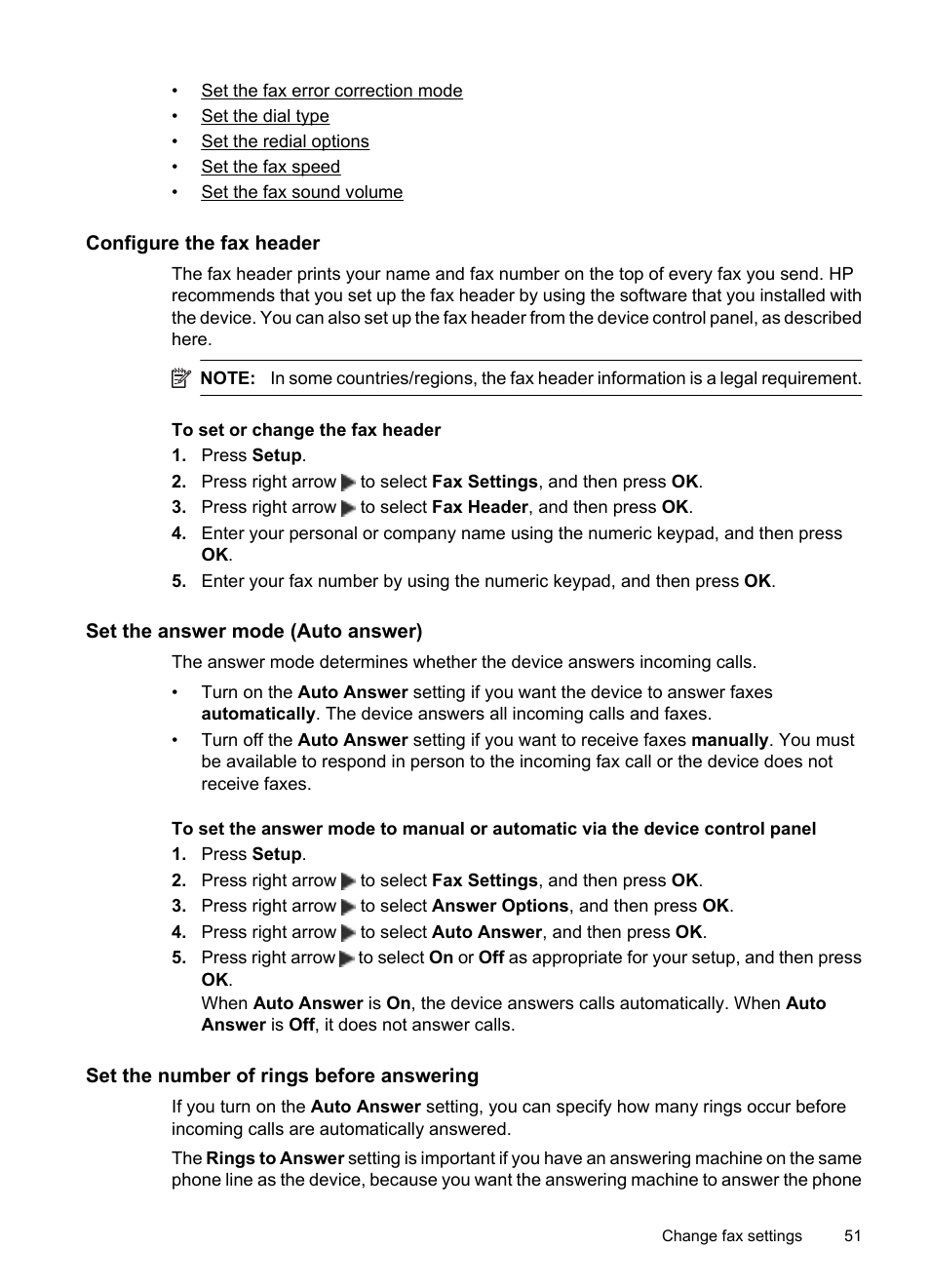 Configure the fax header, Set the answer mode (auto answer), Set the number of rings before answering | HP OFFICEJET 4500 User Manual | Page 55 / 228