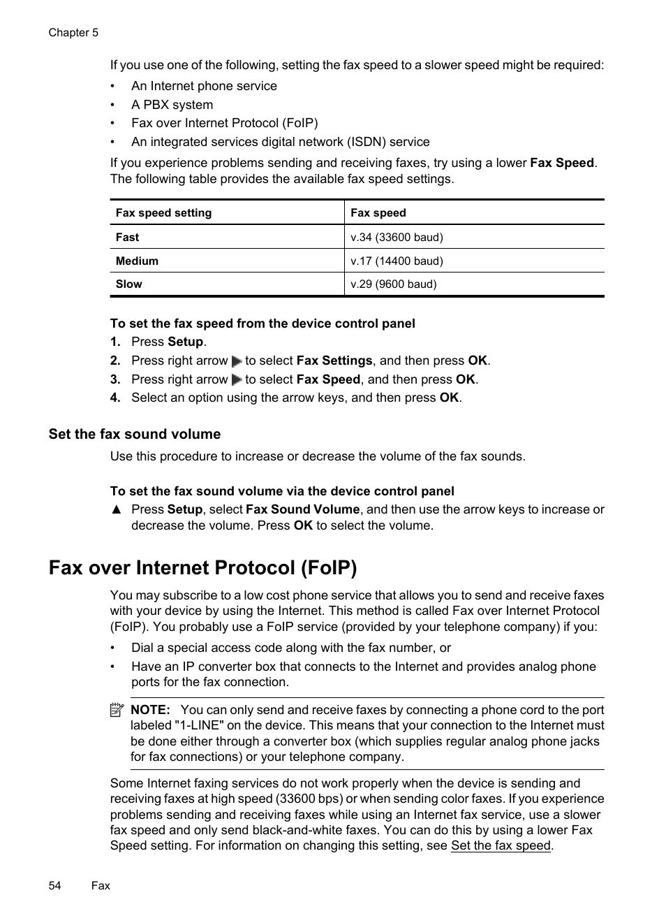 Set the fax sound volume, Fax over internet protocol (foip) | HP OFFICEJET 4500 User Manual | Page 58 / 228