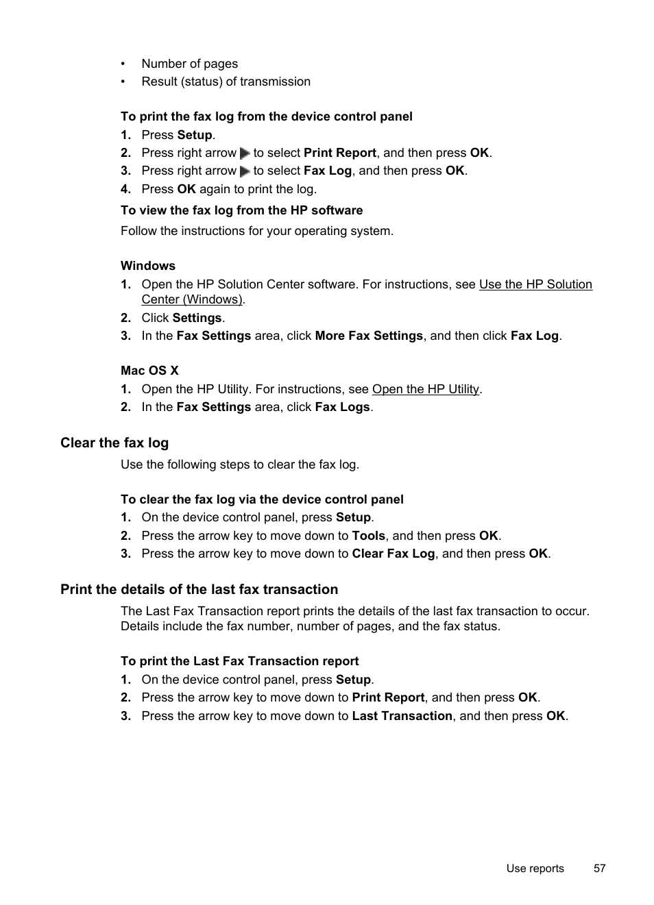 Clear the fax log, Print the details of the last fax transaction | HP OFFICEJET 4500 User Manual | Page 61 / 228