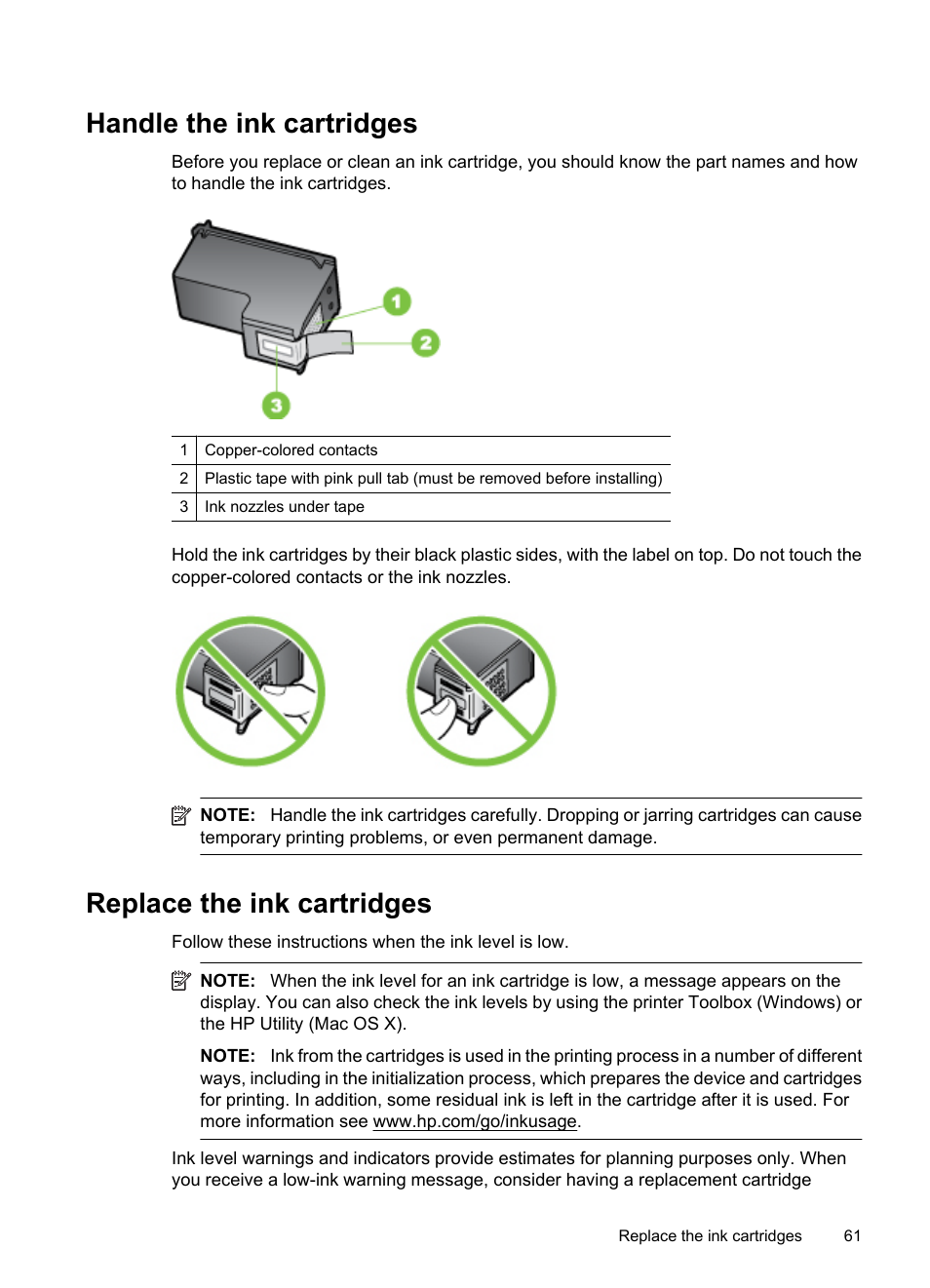 Handle the ink cartridges, Replace the ink cartridges | HP OFFICEJET 4500 User Manual | Page 65 / 228