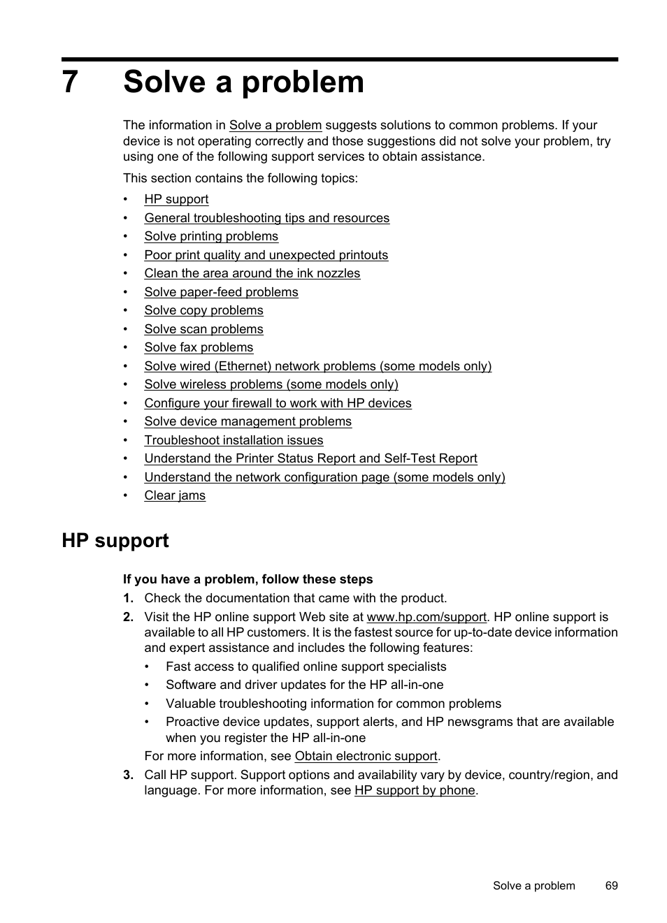 Solve a problem, Hp support, 7 solve a problem | Obtain electronic support hp support by phone, 7solve a problem | HP OFFICEJET 4500 User Manual | Page 73 / 228