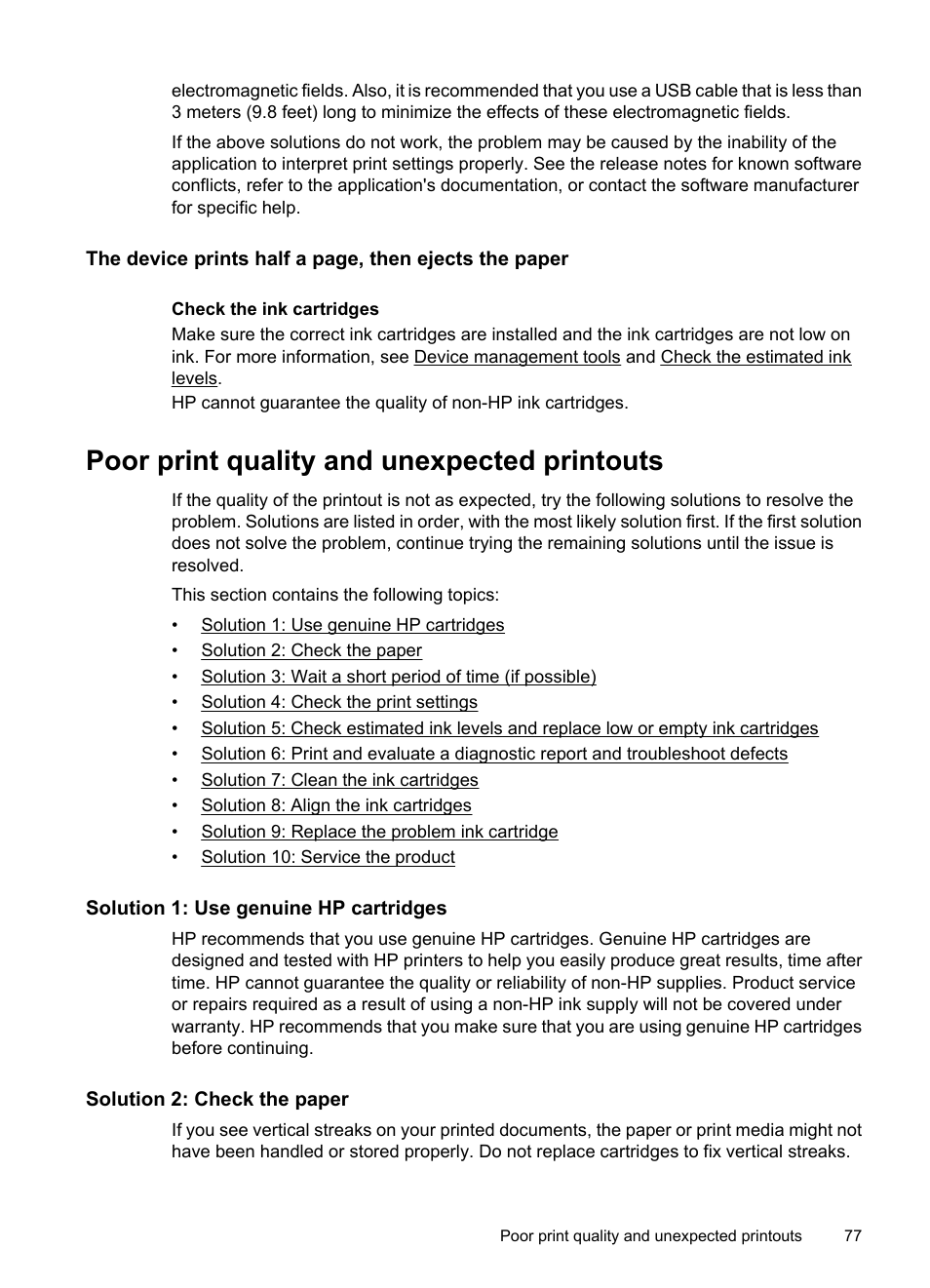 Poor print quality and unexpected printouts, Solution 1: use genuine hp cartridges, Solution 2: check the paper | Print quality diagnostic report self-test report | HP OFFICEJET 4500 User Manual | Page 81 / 228