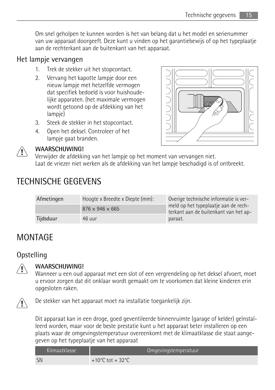 Technische gegevens, Montage, Het lampje vervangen | Opstelling | AEG A61900HLW0 User Manual | Page 15 / 72