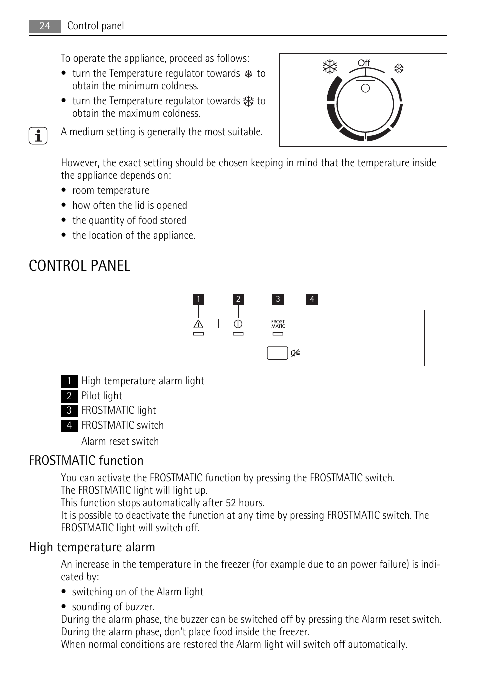 Control panel, Frostmatic function, High temperature alarm | AEG A61900HLW0 User Manual | Page 24 / 72