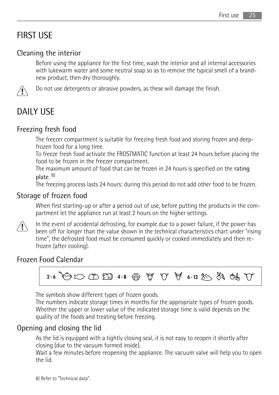 First use, Daily use, Cleaning the interior | Freezing fresh food, Storage of frozen food, Frozen food calendar, Opening and closing the lid | AEG A61900HLW0 User Manual | Page 25 / 72