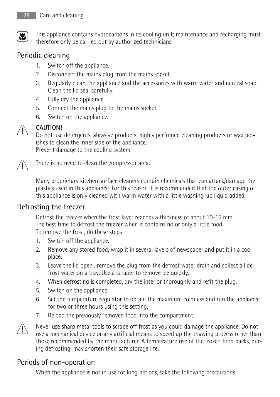 Periodic cleaning, Defrosting the freezer, Periods of non-operation | AEG A61900HLW0 User Manual | Page 28 / 72