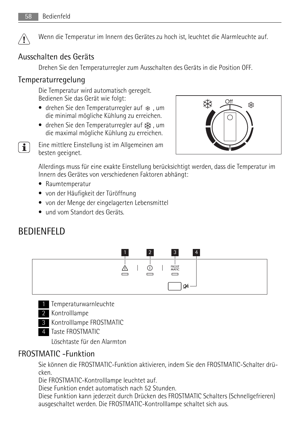 Bedienfeld, Ausschalten des geräts, Temperaturregelung | Frostmatic -funktion | AEG A61900HLW0 User Manual | Page 58 / 72