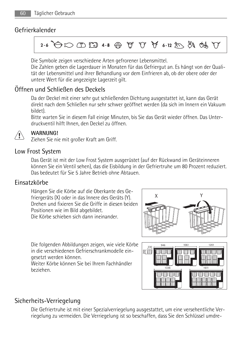 Gefrierkalender, Öffnen und schließen des deckels, Low frost system | Einsatzkörbe, Sicherheits-verriegelung | AEG A61900HLW0 User Manual | Page 60 / 72