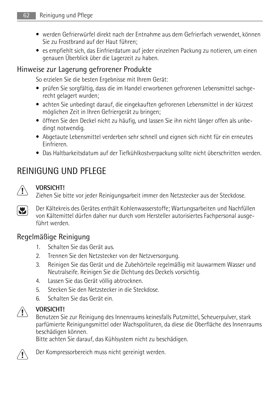 Reinigung und pflege, Hinweise zur lagerung gefrorener produkte, Regelmäßige reinigung | AEG A61900HLW0 User Manual | Page 62 / 72