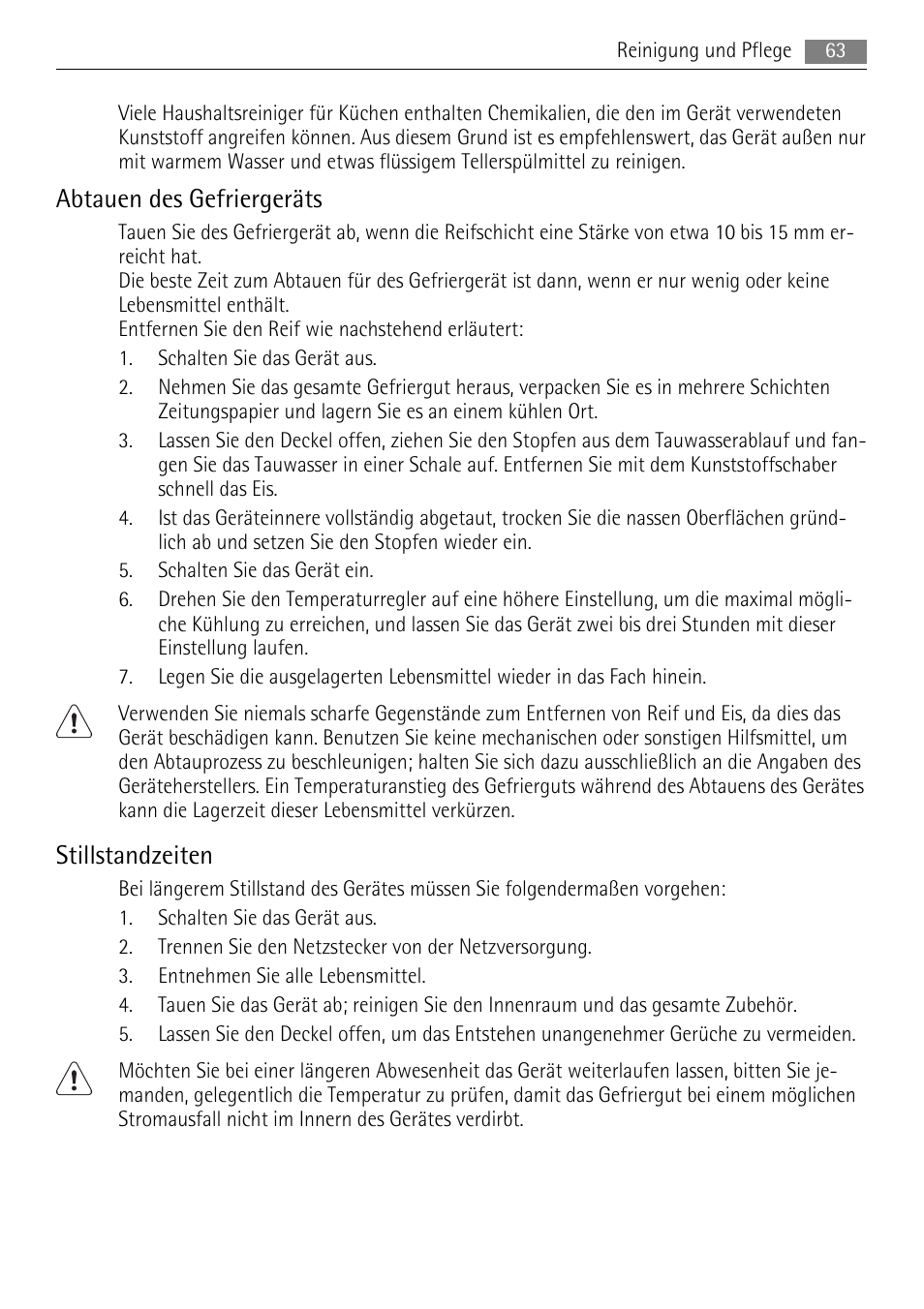 Abtauen des gefriergeräts, Stillstandzeiten | AEG A61900HLW0 User Manual | Page 63 / 72