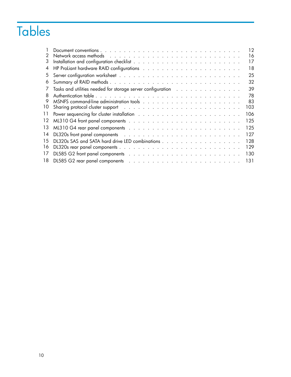 Tables | HP ProLiant DL585 G2 Storage-Server User Manual | Page 10 / 150