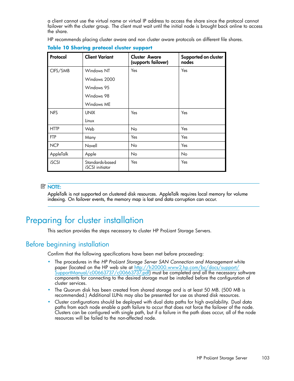 Preparing for cluster installation, Before beginning installation, Sharing protocol cluster support | HP ProLiant DL585 G2 Storage-Server User Manual | Page 103 / 150