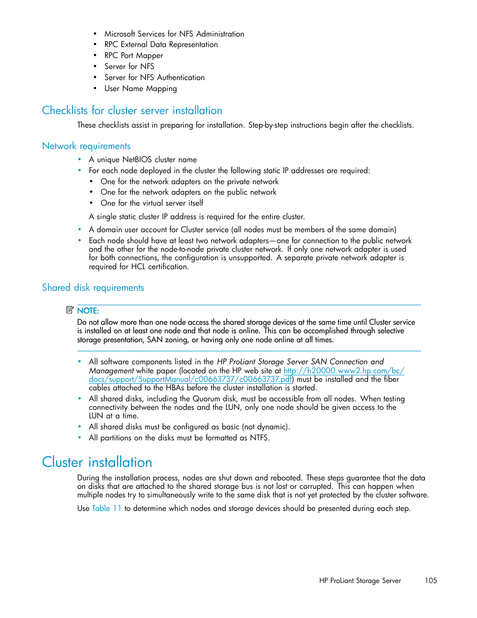 Cluster installation, Checklists for cluster server installation, Network requirements | Shared disk requirements | HP ProLiant DL585 G2 Storage-Server User Manual | Page 105 / 150