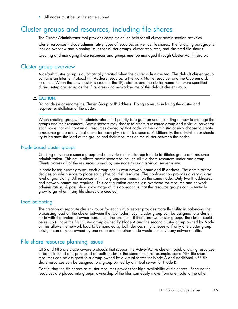 Cluster group overview, Node-based cluster groups, Load balancing | File share resource planning issues | HP ProLiant DL585 G2 Storage-Server User Manual | Page 109 / 150