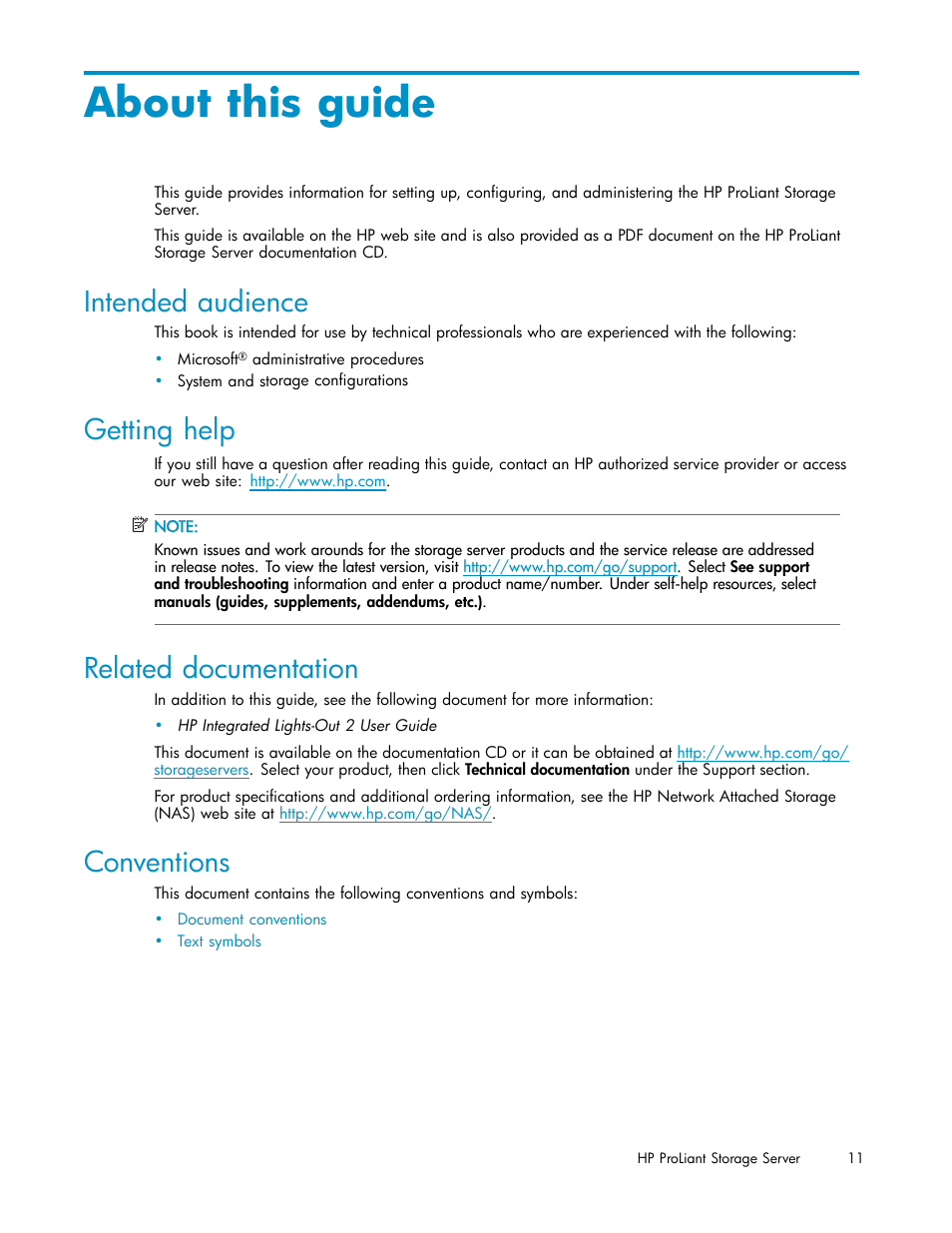 About this guide, Intended audience, Getting help | Related documentation, Conventions | HP ProLiant DL585 G2 Storage-Server User Manual | Page 11 / 150