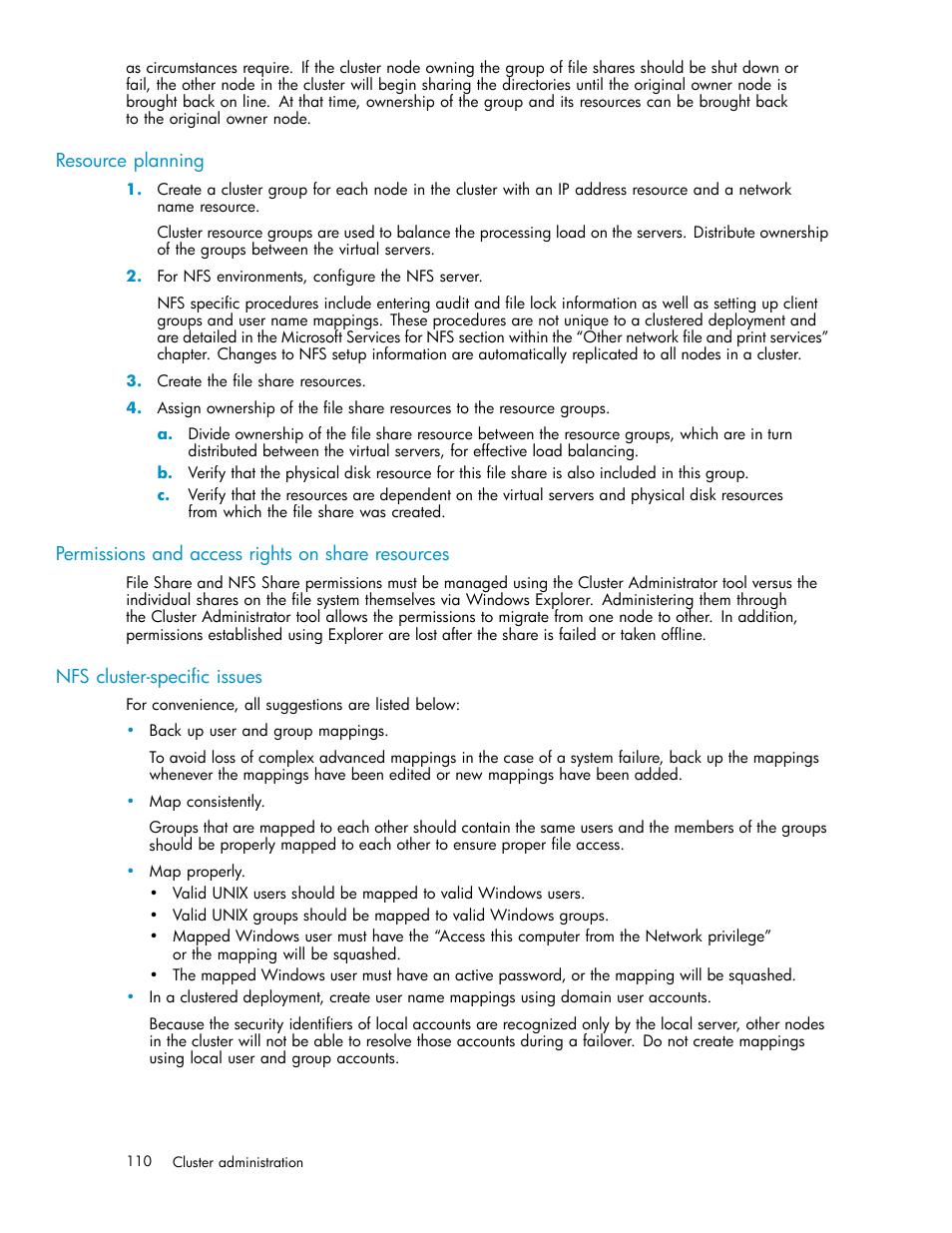 Resource planning, Permissions and access rights on share resources, Nfs cluster-specific issues | HP ProLiant DL585 G2 Storage-Server User Manual | Page 110 / 150