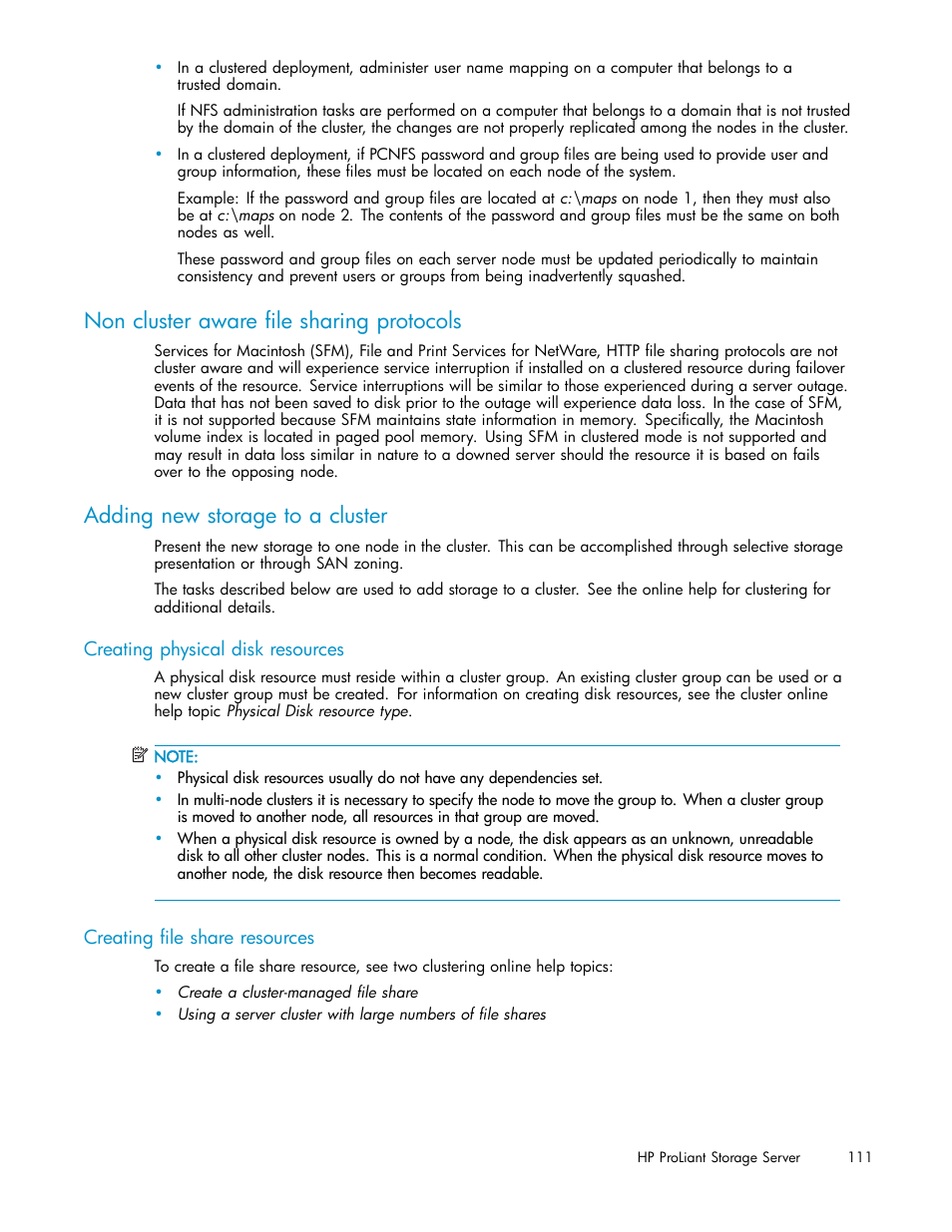 Non cluster aware file sharing protocols, Adding new storage to a cluster, Creating physical disk resources | Creating file share resources | HP ProLiant DL585 G2 Storage-Server User Manual | Page 111 / 150