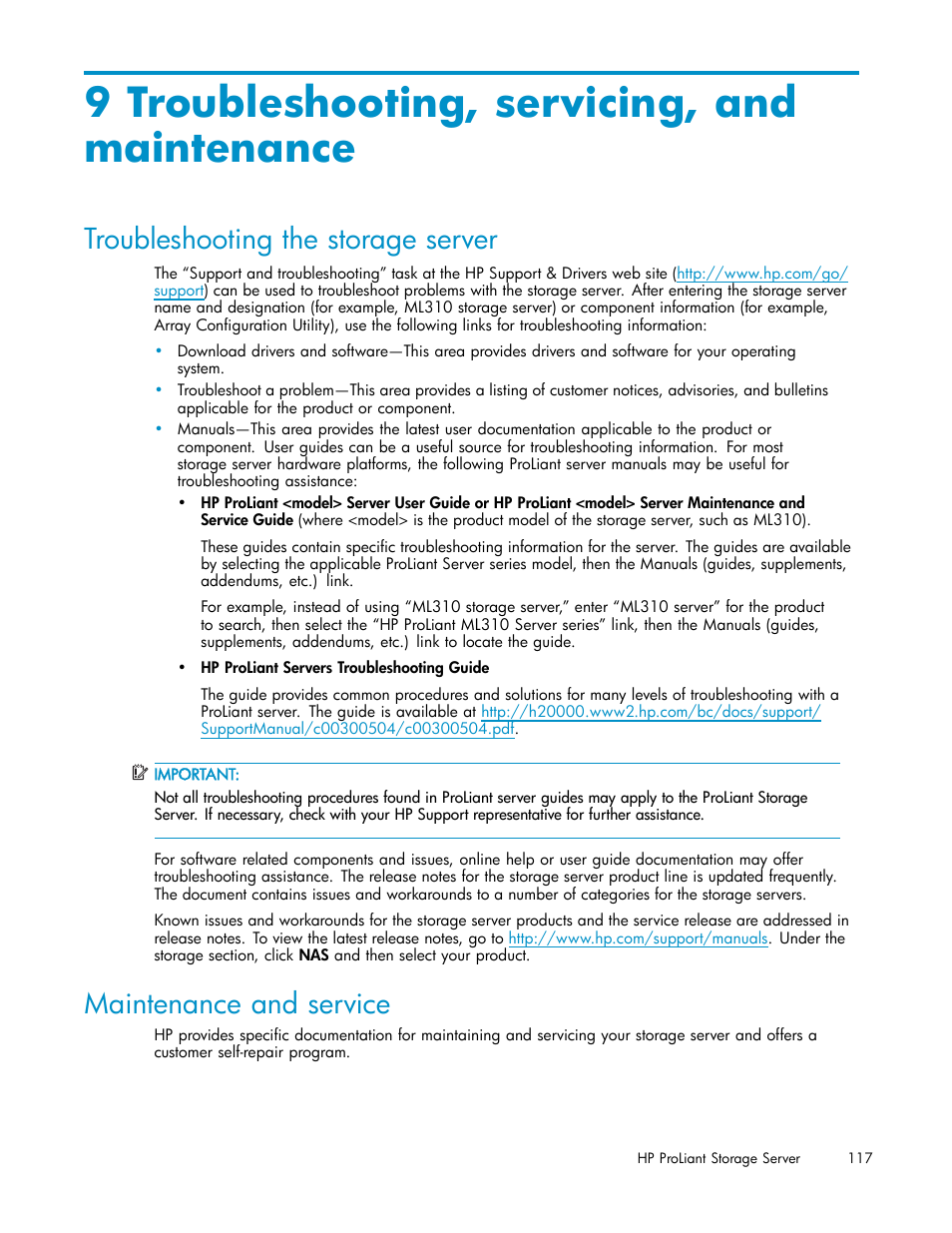 9 troubleshooting, servicing, and maintenance, Troubleshooting the storage server, Maintenance and service | HP ProLiant DL585 G2 Storage-Server User Manual | Page 117 / 150