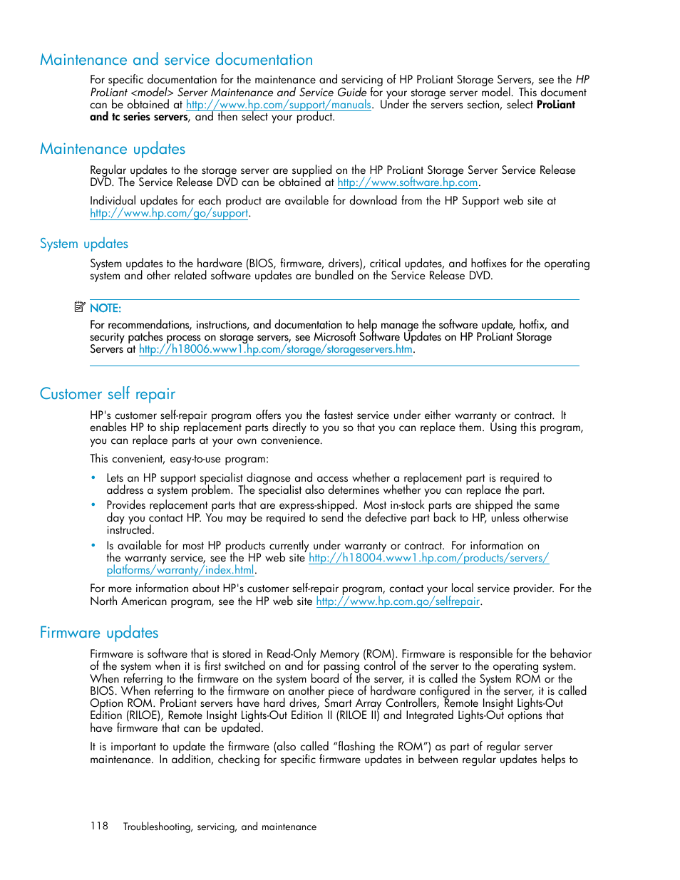 Maintenance and service documentation, Maintenance updates, System updates | Customer self repair, Firmware updates | HP ProLiant DL585 G2 Storage-Server User Manual | Page 118 / 150