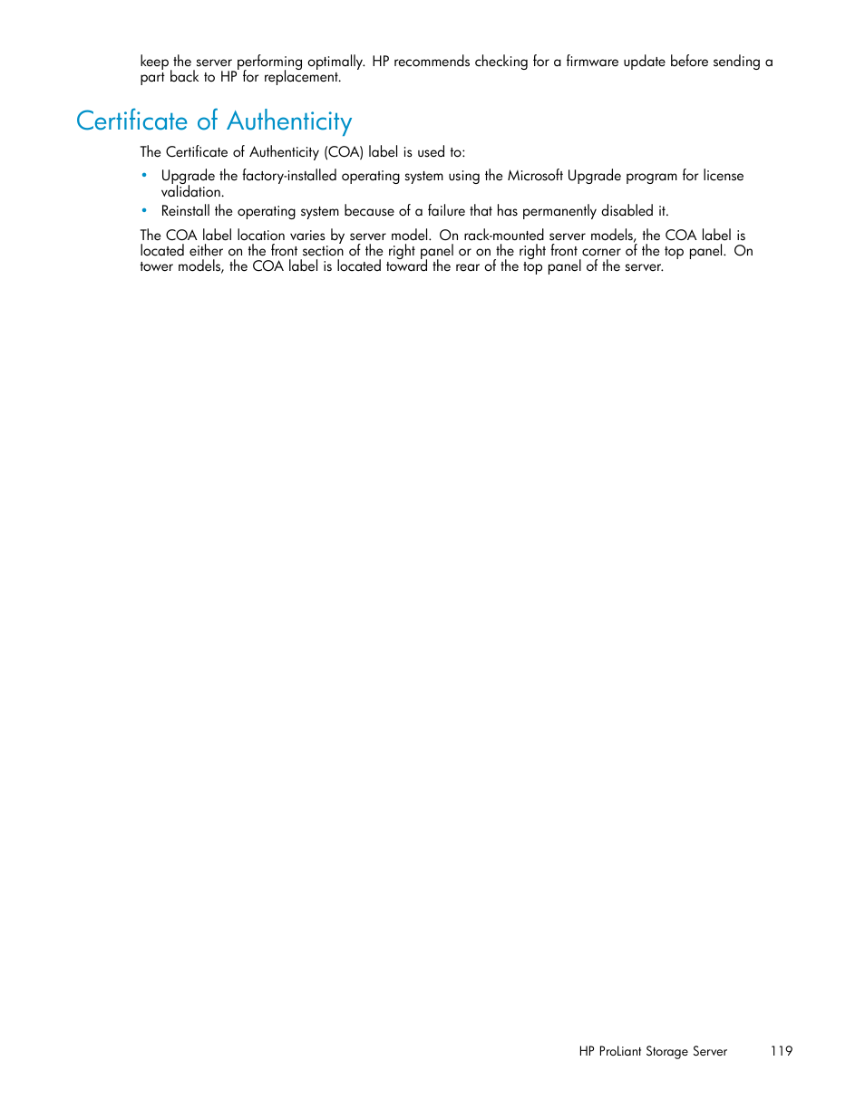 Certificate of authenticity | HP ProLiant DL585 G2 Storage-Server User Manual | Page 119 / 150