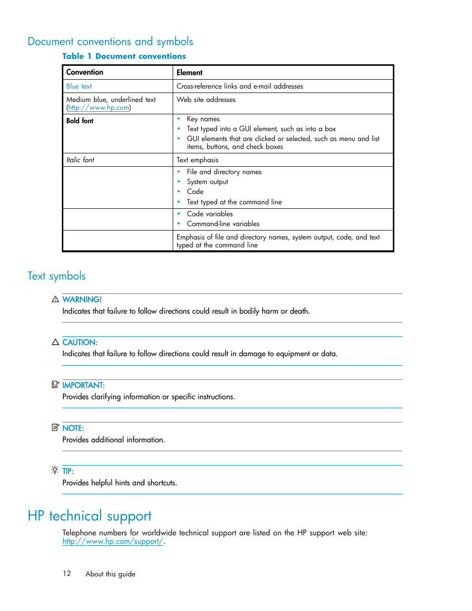 Document conventions and symbols, Text symbols, Hp technical support | Document conventions | HP ProLiant DL585 G2 Storage-Server User Manual | Page 12 / 150