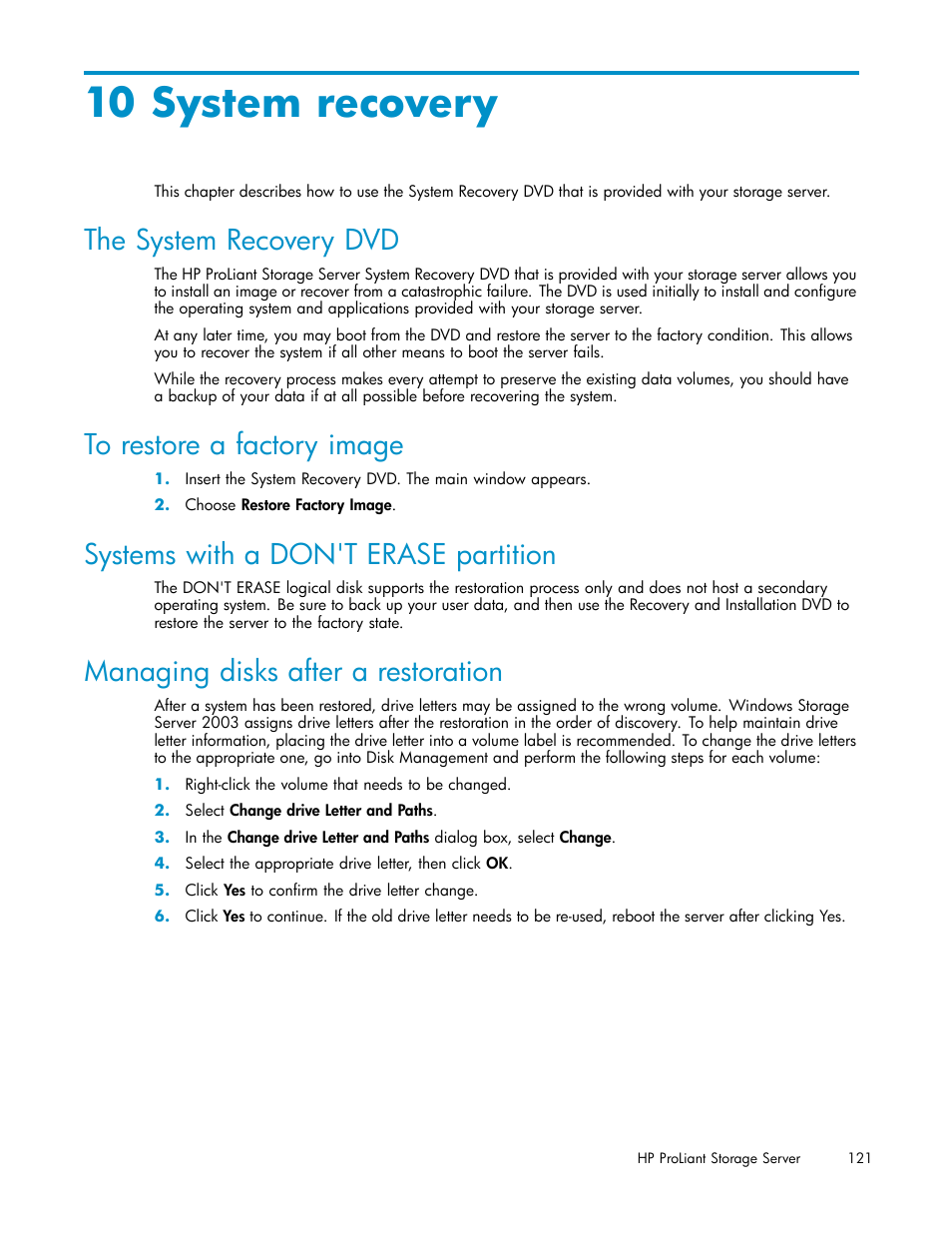 10 system recovery, The system recovery dvd, To restore a factory image | Systems with a don't erase partition, Managing disks after a restoration, System recovery | HP ProLiant DL585 G2 Storage-Server User Manual | Page 121 / 150