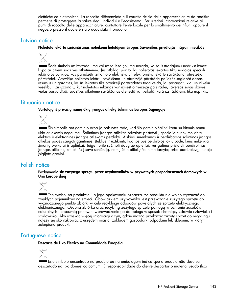Latvian notice, Lithuanian notice, Polish notice | Portuguese notice | HP ProLiant DL585 G2 Storage-Server User Manual | Page 143 / 150