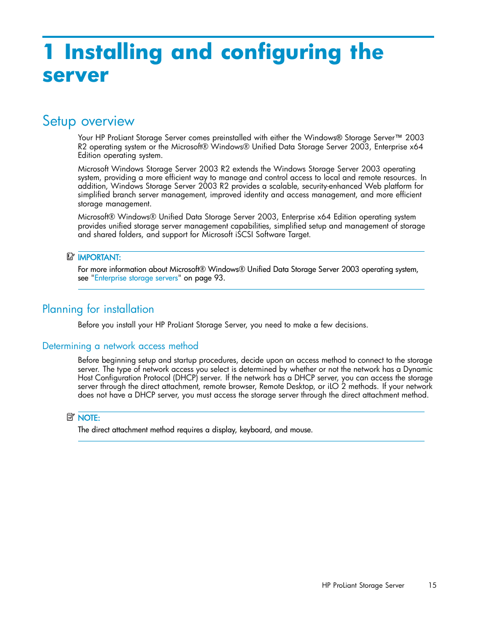 1 installing and configuring the server, Setup overview, Planning for installation | HP ProLiant DL585 G2 Storage-Server User Manual | Page 15 / 150