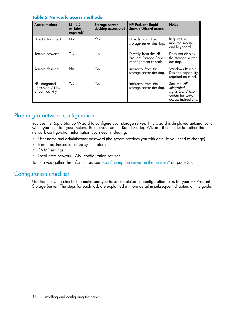 Planning a network configuration, Configuration checklist, Network access methods | HP ProLiant DL585 G2 Storage-Server User Manual | Page 16 / 150