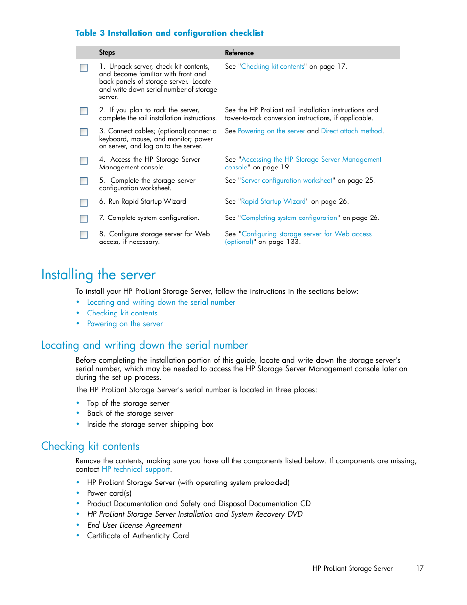 Installing the server, Locating and writing down the serial number, Checking kit contents | Installation and configuration checklist | HP ProLiant DL585 G2 Storage-Server User Manual | Page 17 / 150