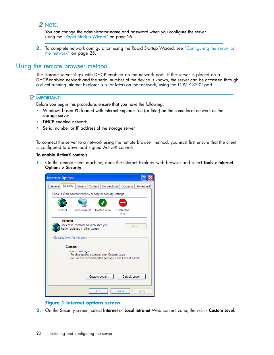 Using the remote browser method, Internet options screen | HP ProLiant DL585 G2 Storage-Server User Manual | Page 20 / 150