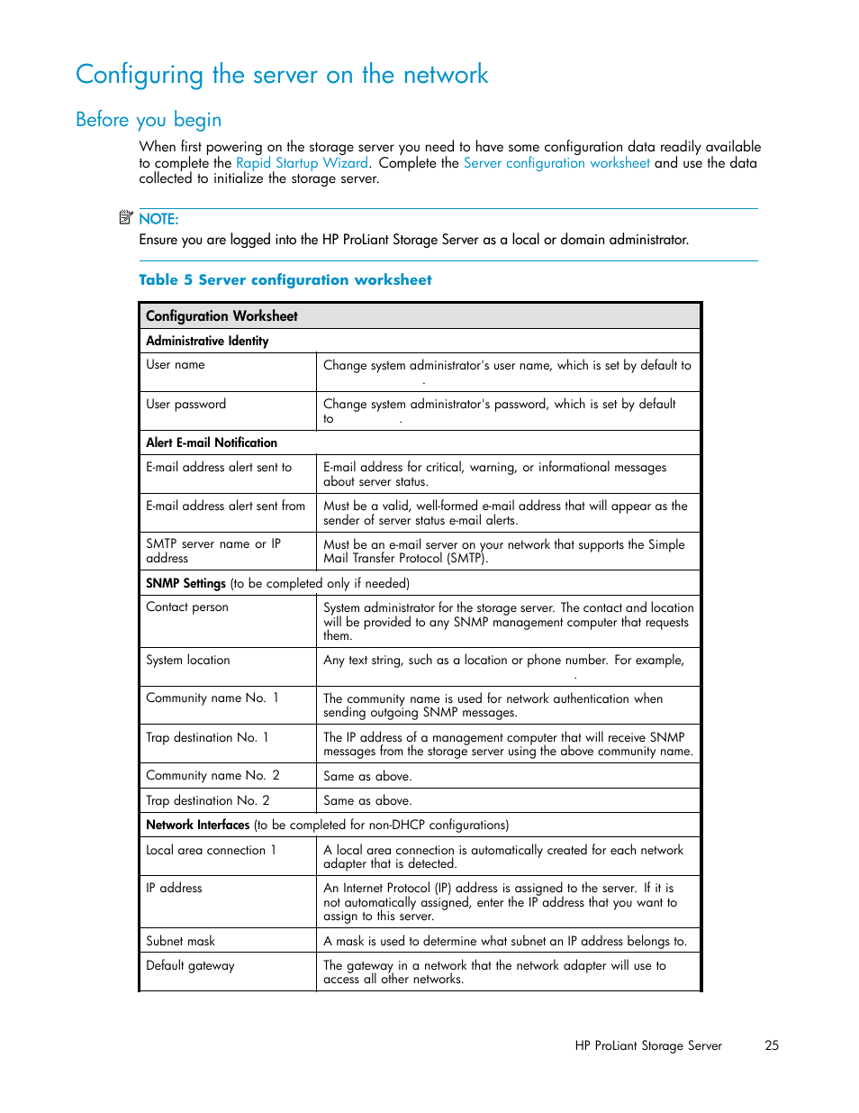 Configuring the server on the network, Before you begin, Server configuration worksheet | Configuring the server on, The network | HP ProLiant DL585 G2 Storage-Server User Manual | Page 25 / 150