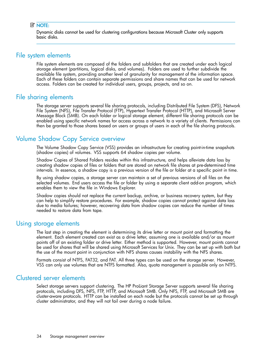 File system elements, File sharing elements, Volume shadow copy service overview | Using storage elements, Clustered server elements | HP ProLiant DL585 G2 Storage-Server User Manual | Page 34 / 150