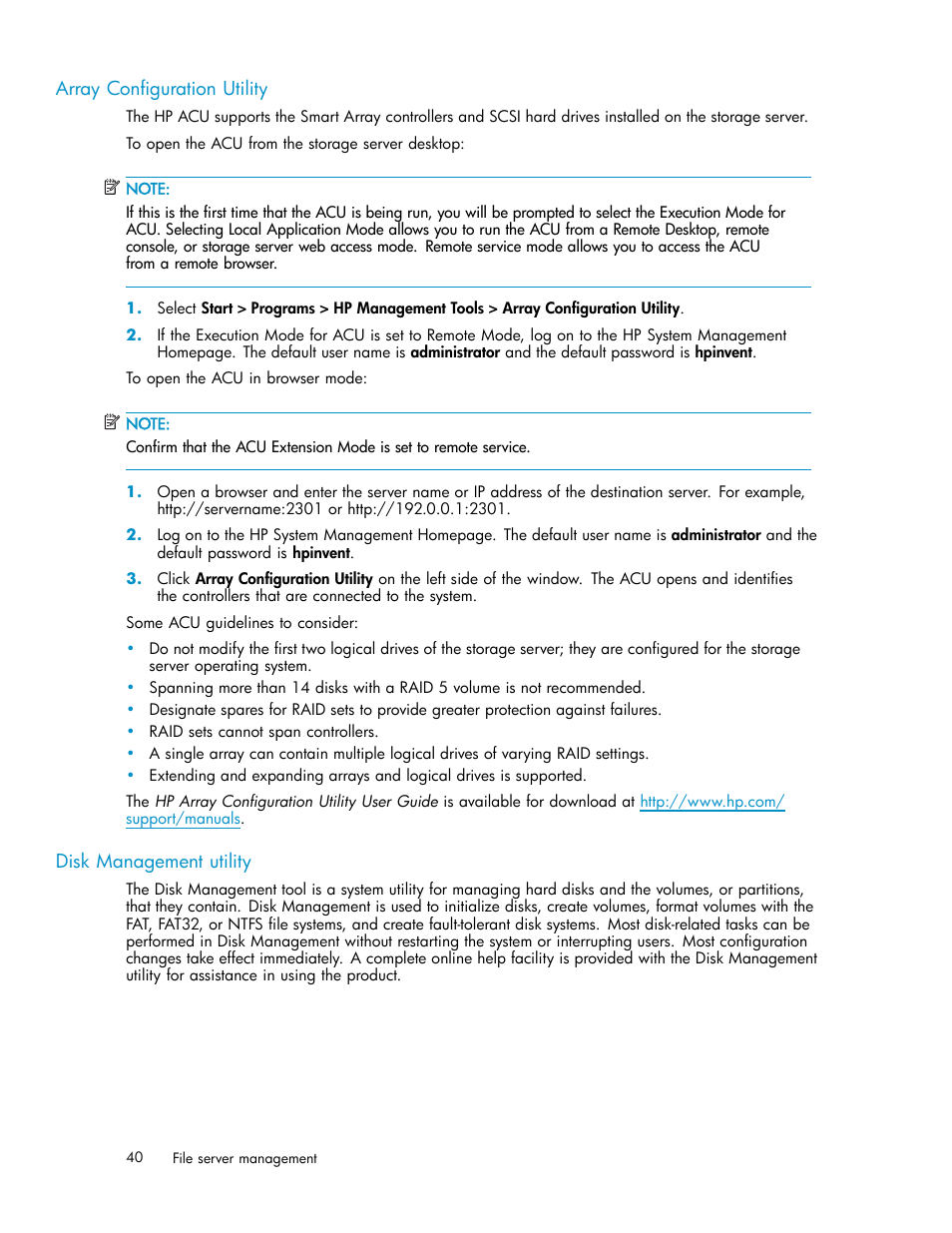 Array configuration utility, Disk management utility | HP ProLiant DL585 G2 Storage-Server User Manual | Page 40 / 150