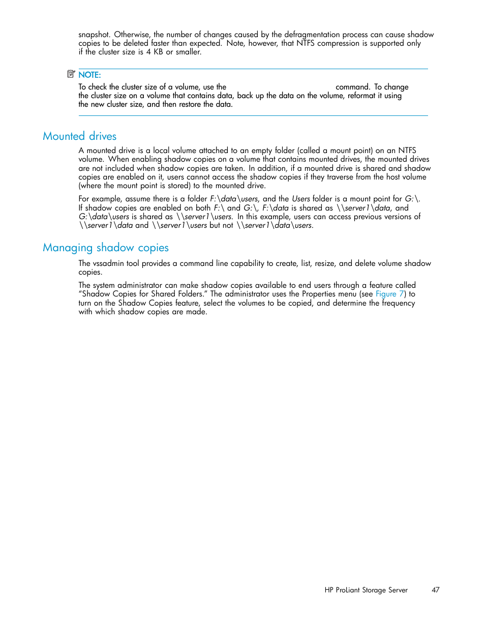 Mounted drives, Managing shadow copies | HP ProLiant DL585 G2 Storage-Server User Manual | Page 47 / 150