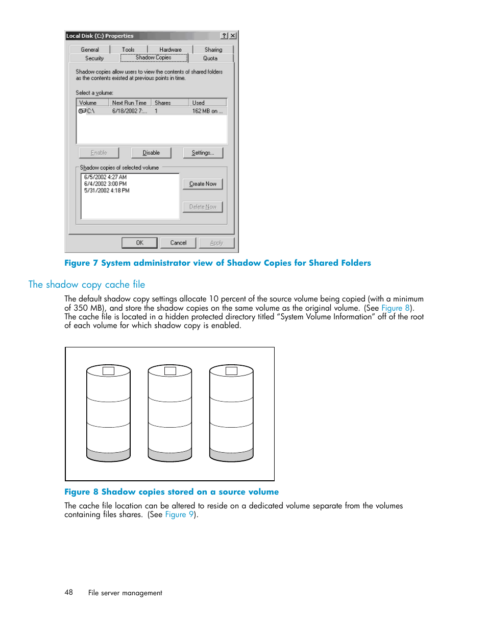 The shadow copy cache file, Shadow copies stored on a source volume | HP ProLiant DL585 G2 Storage-Server User Manual | Page 48 / 150