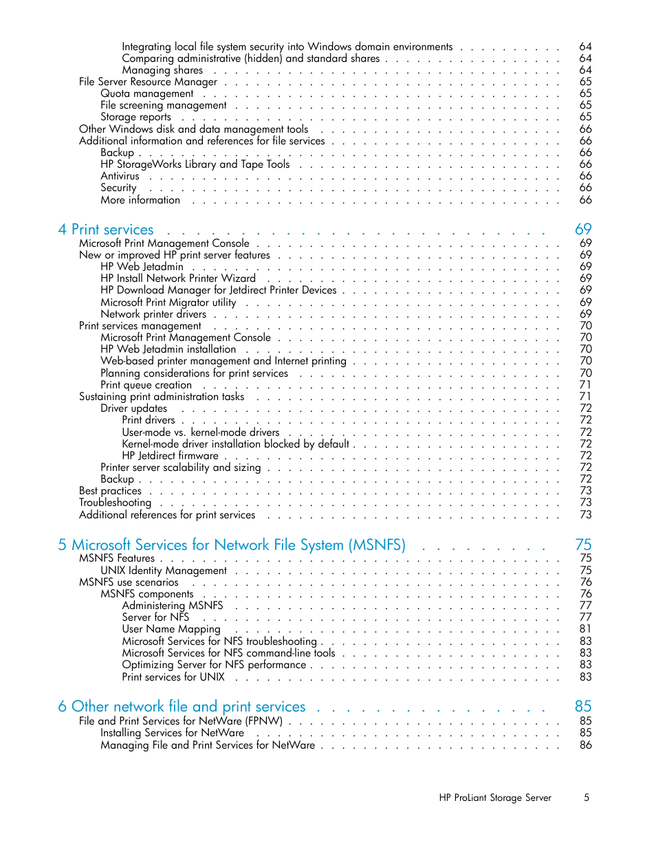 4 print services, 6 other network file and print services | HP ProLiant DL585 G2 Storage-Server User Manual | Page 5 / 150