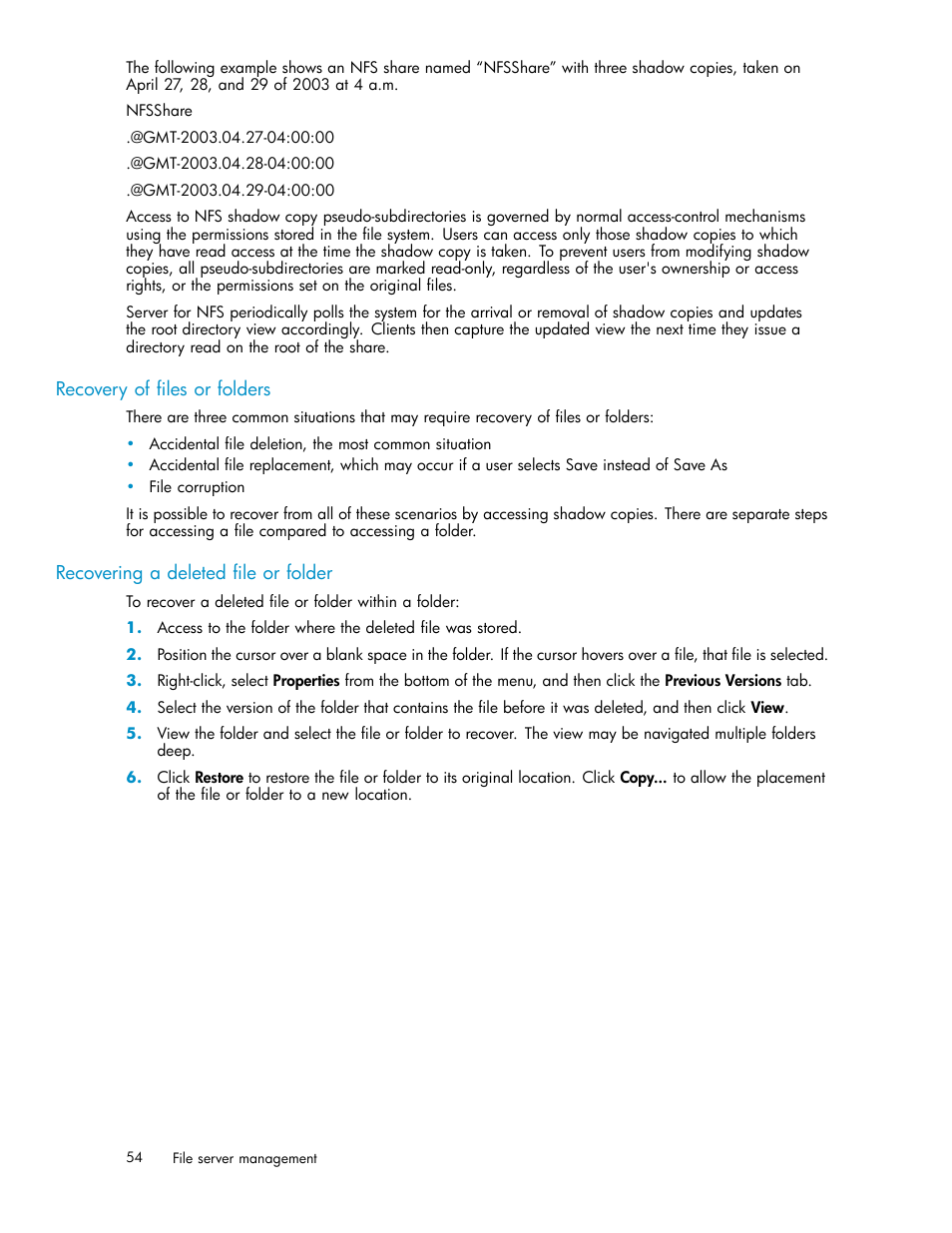 Recovery of files or folders, Recovering a deleted file or folder | HP ProLiant DL585 G2 Storage-Server User Manual | Page 54 / 150