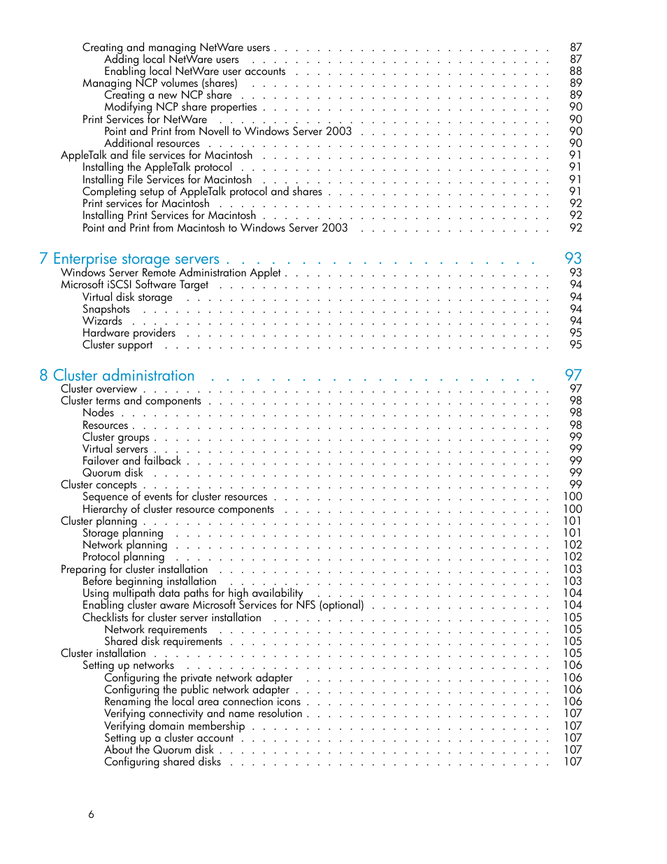 7 enterprise storage servers, 8 cluster administration | HP ProLiant DL585 G2 Storage-Server User Manual | Page 6 / 150