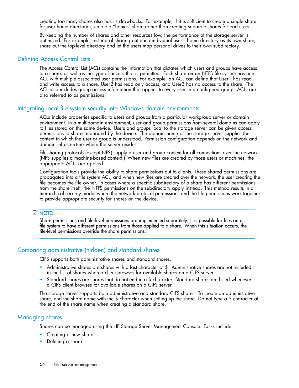 Defining access control lists, Managing shares | HP ProLiant DL585 G2 Storage-Server User Manual | Page 64 / 150