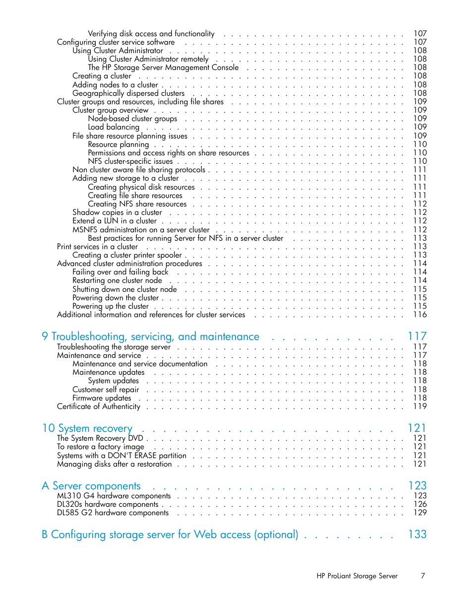 9 troubleshooting, servicing, and maintenance, 10 system recovery, A server components | HP ProLiant DL585 G2 Storage-Server User Manual | Page 7 / 150