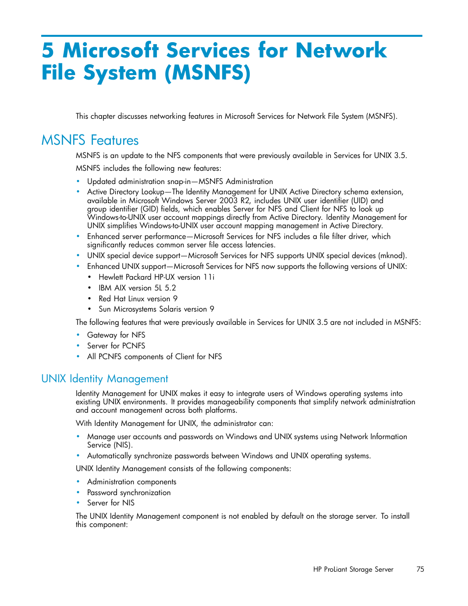 Msnfs features, Unix identity management | HP ProLiant DL585 G2 Storage-Server User Manual | Page 75 / 150