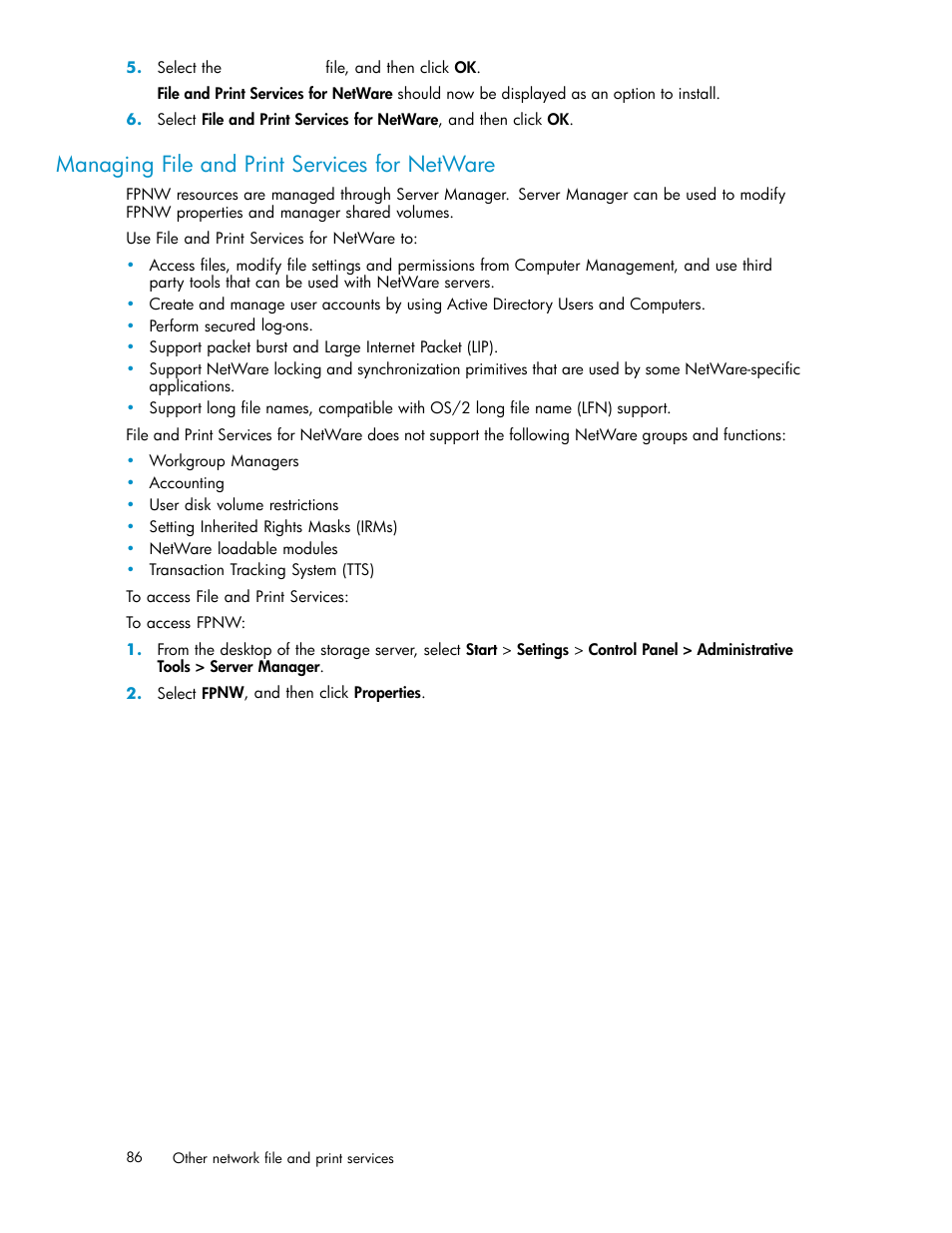 Managing file and print services for netware | HP ProLiant DL585 G2 Storage-Server User Manual | Page 86 / 150