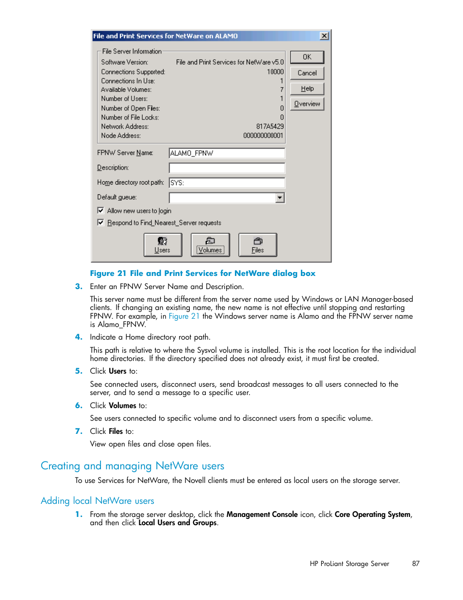 Creating and managing netware users, Adding local netware users, File and print services for netware dialog box | HP ProLiant DL585 G2 Storage-Server User Manual | Page 87 / 150